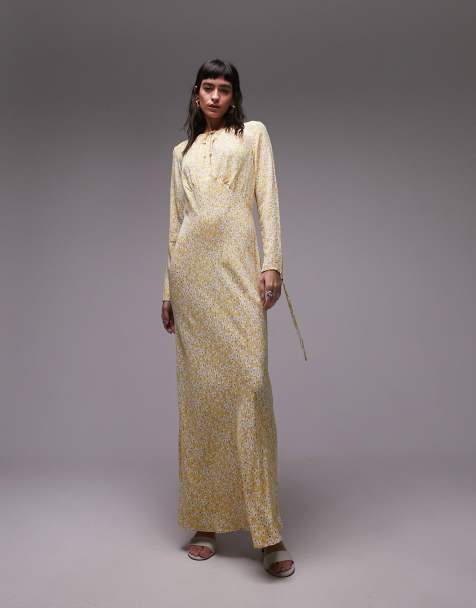 Mustard Yellow Maxi Dress - Satin Maxi Dress - Button Maxi Dress