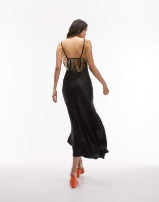 TOPSHOP MAXI DRESS WITH BEADED FRINGING DETAIL IN BLACK