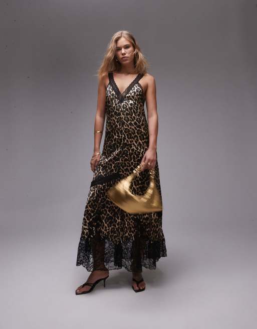 Topshop maxi dress with lace insert in animal print Multi