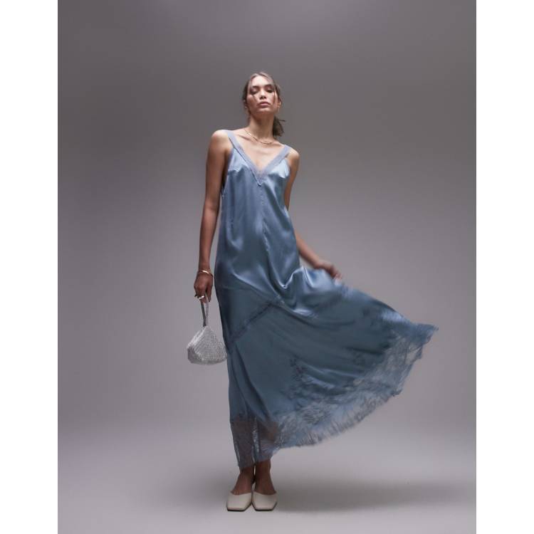 Topshop maxi dress with lace insert in pale blue ASOS