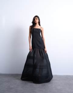 Maxi dress with sheer layered volume skirt in black