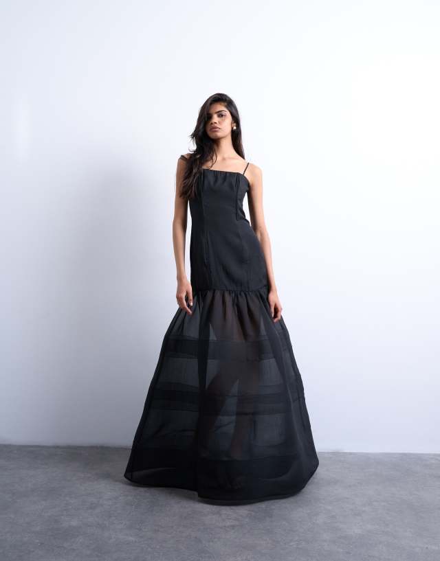 black maxi dress with sheer skirt Kaiia exclusive structured bandeau contrast skirt sheer hem maxi dress in  black lace