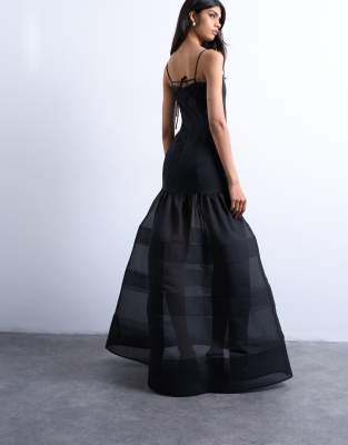Topshop Maxi Dress With Sheer Layered Volume Skirt In Black