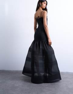 Model wearing Maxi dress with sheer layered volume skirt in black