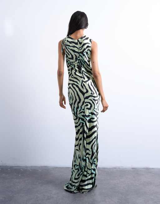 Topshop - Maxi gelegenheidsjurk met rimpeleffect in groene zebraprint, 2 van 4