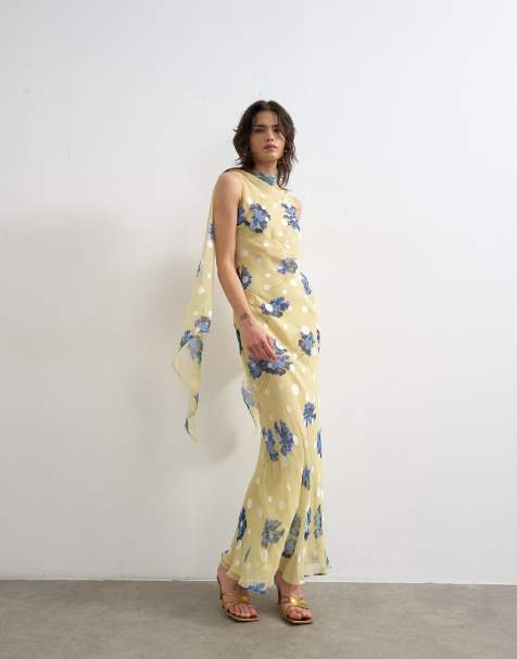 Topshop - Maxi gelegenheidsjurk van jacquard met stippen, open achterkant en bloemenprint in citroengeel en blauw - view 1
