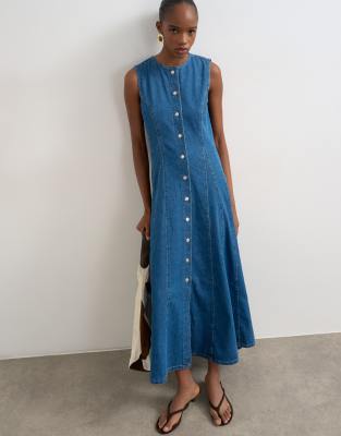 Topshop - Maxi-Jeanskleid in kräftigem Blau mit Godet-Naht