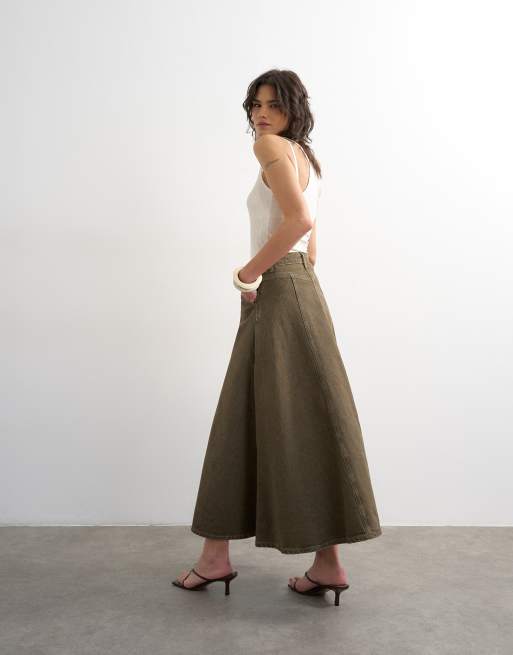 Topshop – Maxi-Jeansrock in Olivgrün mit Ziernaht, 2 von 5
