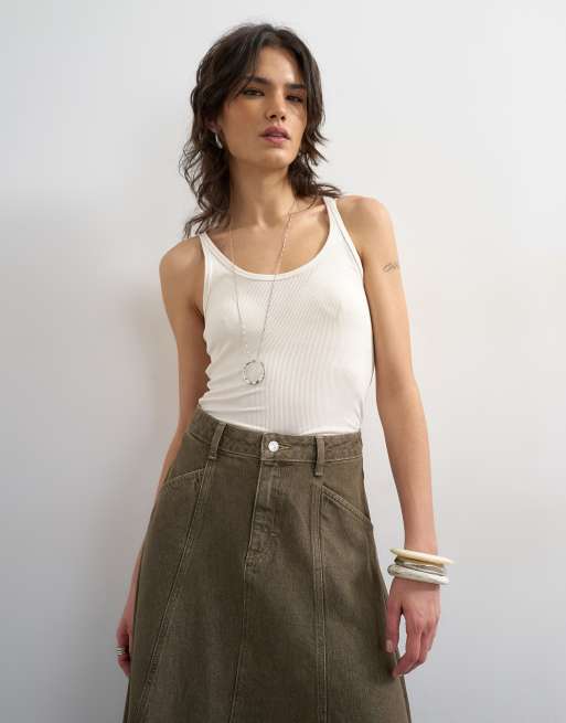 Topshop – Maxi-Jeansrock in Olivgrün mit Ziernaht, 3 von 5