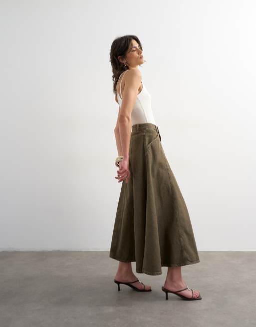 Topshop – Maxi-Jeansrock in Olivgrün mit Ziernaht, 4 von 5