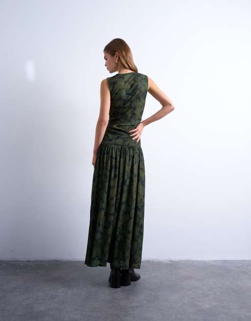 Topshop - Maxi jurk met abstracte print en verlaagde taille in groen, 3 van 4