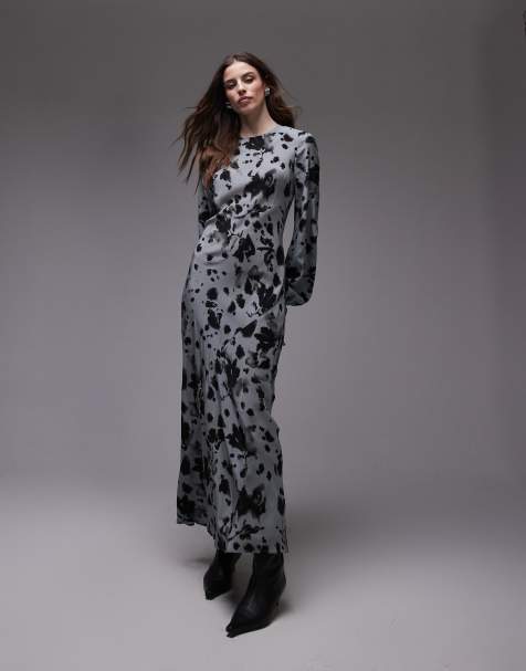 Topshop - Maxi jurk met ballonmouwen in abstracte grijze bloemenprint - view 1
