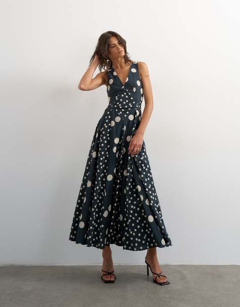 Topshop - Maxi jurk met diepe V-hals en stippen in marineblauw - view 1