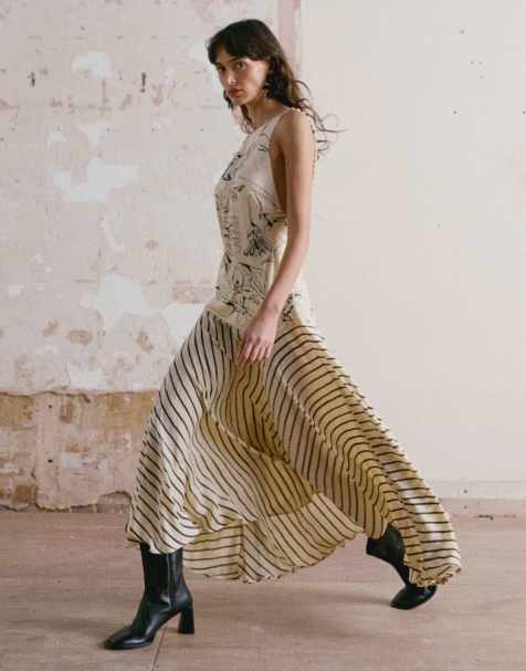 Topshop - Maxi-jurk met kralenbandjes en contrastprint in geschetste bloemenprint en strepen - view 1