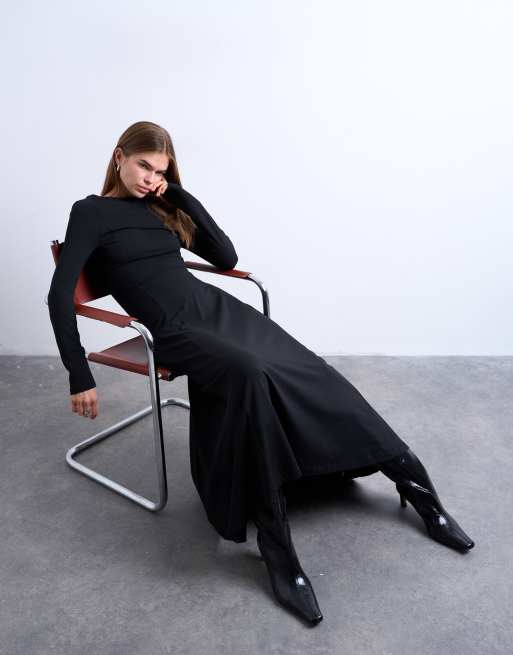 Topshop - Maxi jurk met lange mouwen, A-lijn en lage ronde achterkant in zwart