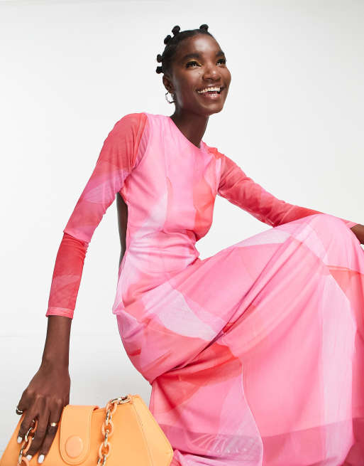 Topshop - Maxi jurk met lange mouwen en aquarel-effect in rood, 2 van 4