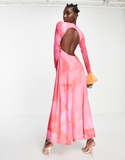 Topshop - Maxi jurk met lange mouwen en aquarel-effect in rood, 3 van 4