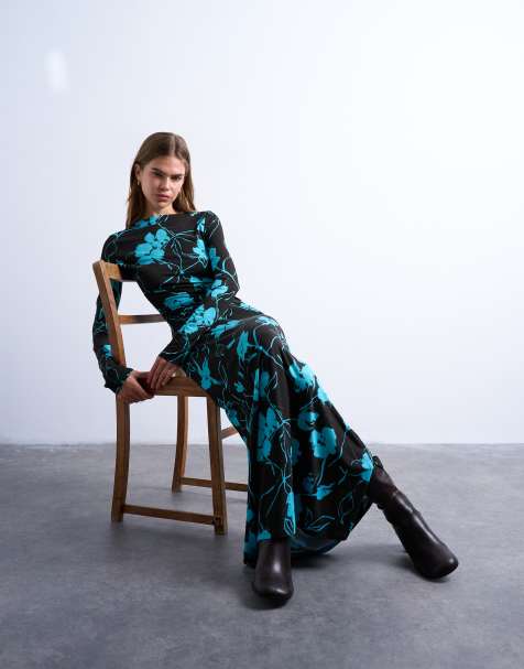 Topshop - Maxi-jurk met lange mouwen, rechte hals en bloemenprint in chocoladebruin - view 1