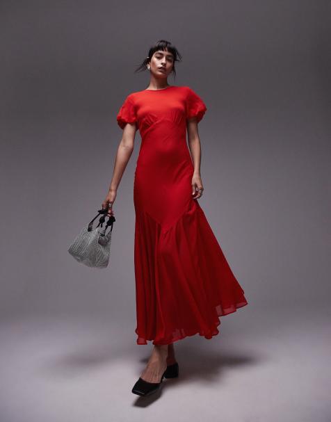 Topshop - Maxi jurk met pofmouwen en volumineuze zoom in rood - view 1
