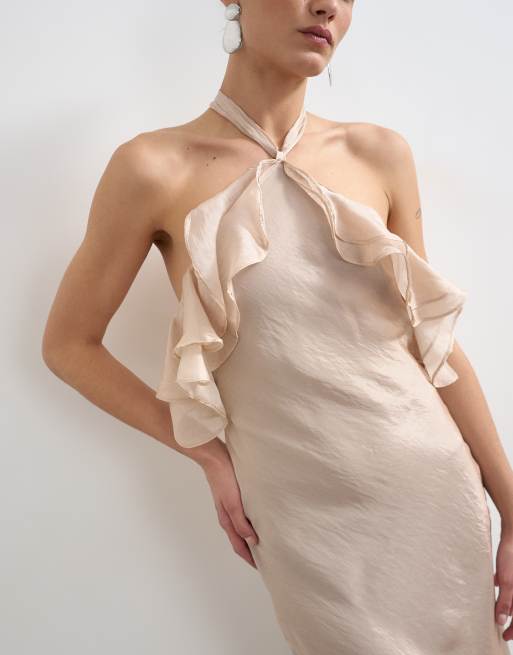 Topshop - Maxi-jurk met ruches en halternek in iriserend nertsroze, 3 van 4