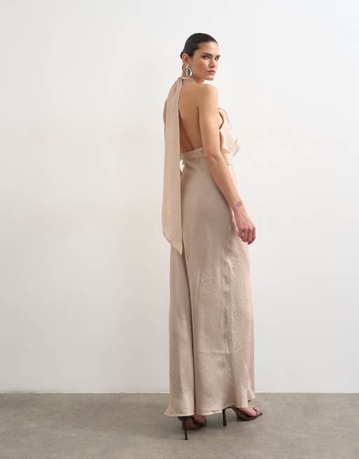 Topshop - Maxi-jurk met ruches en halternek in iriserend nertsroze, 4 van 4