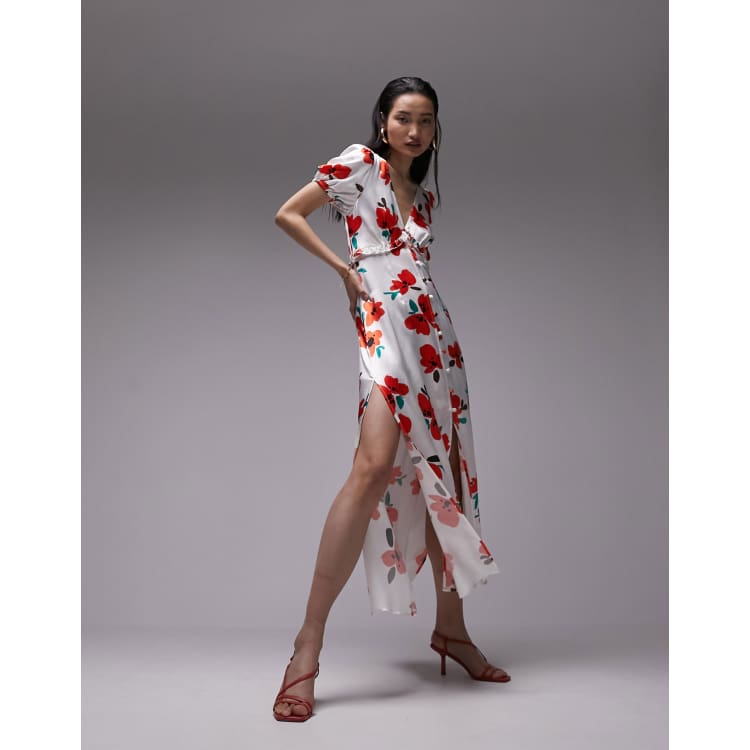 Topshop Maxi jurk met V hals fladdermouwen en klaprozen print