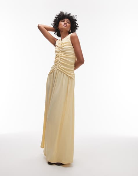 Topshop - Maxi jurk met verlaagde taille en rimpeleffect in lichtgeel - view 1
