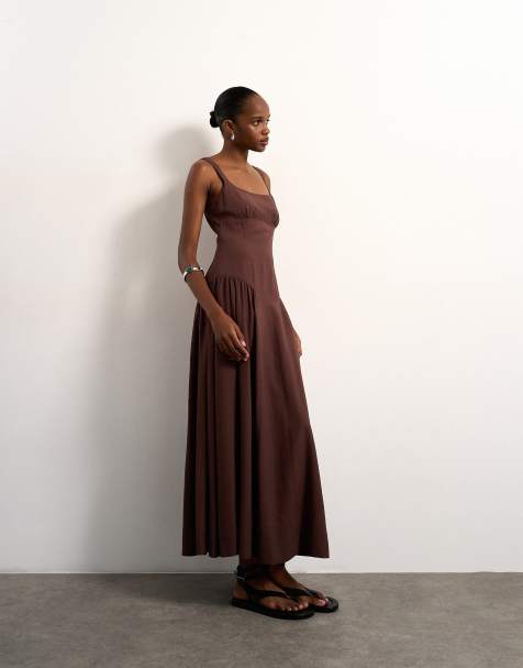 Topshop - Maxi jurk met verlaagde taille in chocoladebruin - view 1