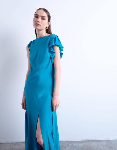 Topshop - Maxi-jurk van chiffon met fladdermouwen en gedrapeerde achterkant in luchtmachtblauw - view 1
