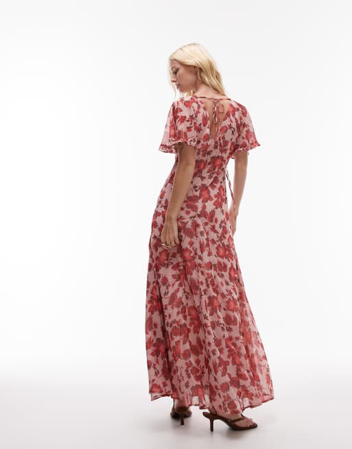 Topshop - Maxi jurk van chiffon met fladdermouwen in bloemenprint, 3 van 4