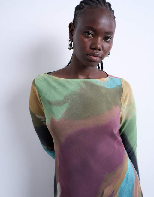 Topshop - Maxi-jurk van chiffon met rechte hals en abstractie print, 3 van 4