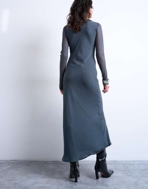Topshop - Maxi jurk van chiffon met rechte hals in petrol, 3 van 4