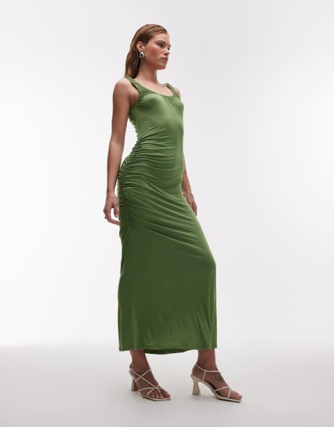 Topshop - Maxi jurk van gladde stof met lage ronde hals in groen - view 1