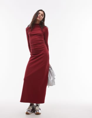 Topshop - Maxi-jurk van jersey met opstaande boord en lange mouwen in rood - view 1