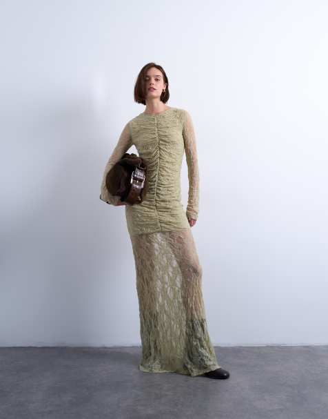 Topshop - Maxi-jurk van kant met gerimpelde voorkant en verlaagde taille in groen - view 1