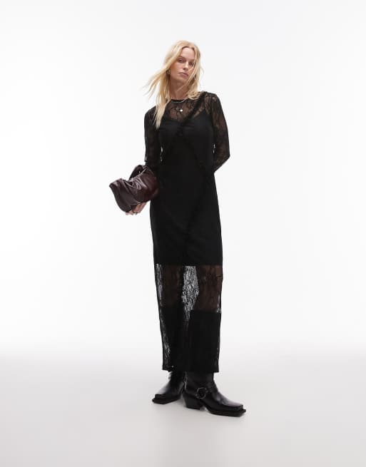 Topshop - Maxi-jurk van kant met lange mouwen en ruches in zwart