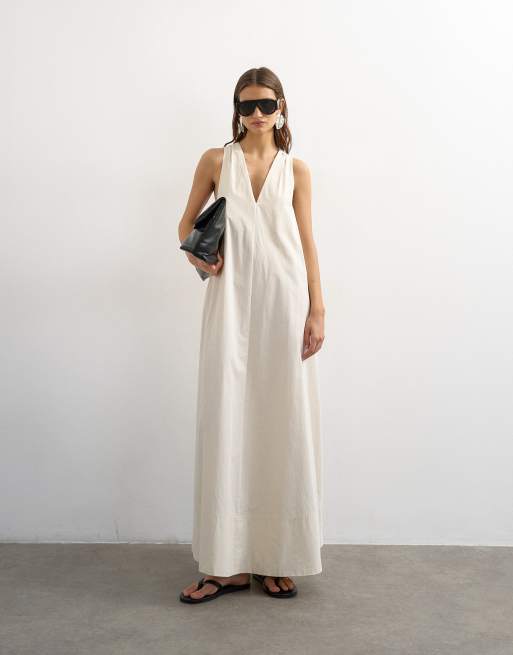 Topshop - Maxi jurk van popeline met A-lijn, halternek en brede zoom in gebroken wit, 3 van 4
