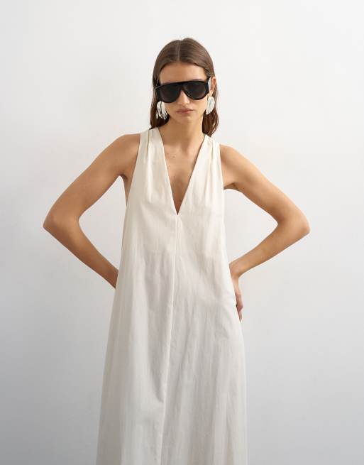 Topshop - Maxi jurk van popeline met A-lijn, halternek en brede zoom in gebroken wit, 4 van 4
