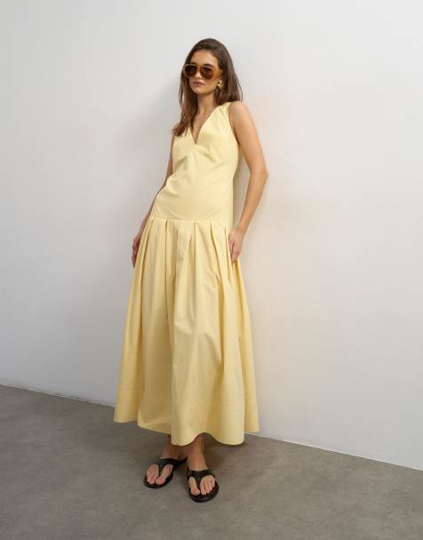 Topshop - Maxi jurk van popeline met structuur en verlaagde taille in lichtgeel - view 1