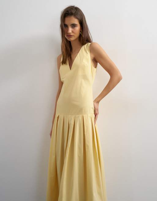 Topshop - Maxi jurk van popeline met structuur en verlaagde taille in lichtgeel, 2 van 4