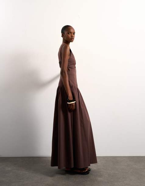 Topshop - Maxi jurk van popeline met uitsnijding in de taille in chocoladebruin - view 1