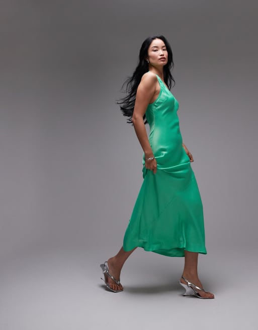 Topshop Maxi jurk van satijn met diep decolleté in groen ASOS