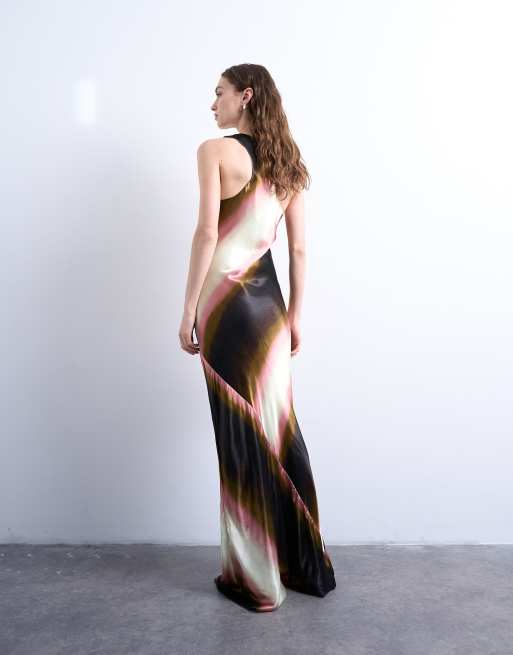 Topshop - Maxi jurk van satijn met racer hals met strepen en kleurverloop, 2 van 4