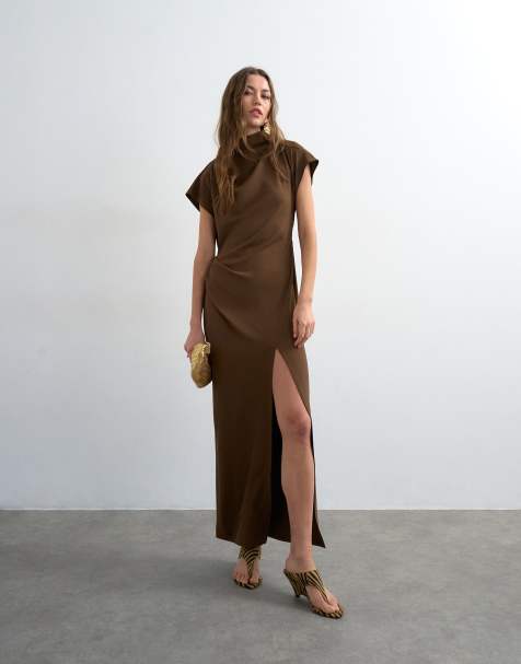 Topshop - Maxi jurk van zware crêpestof met sjaaldetail in chocoladebruin - view 1