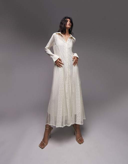 Topshop - Maxi overhemdjurk van jersey en kant in ecru