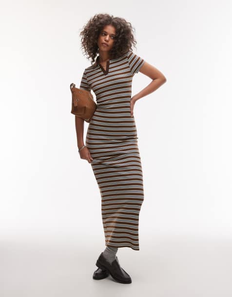 Topshop – Maxi-Polokleid in Schokobraun mit Streifen - view 1