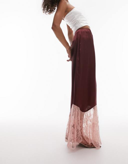 Topshop - Maxi rok met fishtail van mix van satijn en kant in bordeauxrood en roze