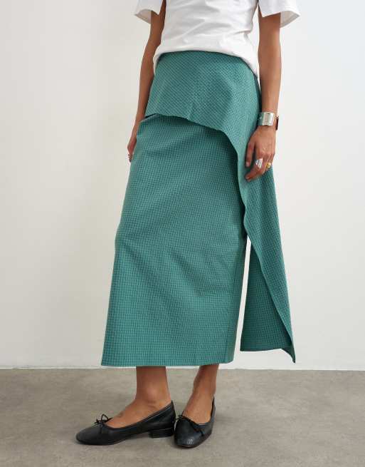 Topshop maxi rok met gedrapeerd detail in groen-blauwe ruit, 2 van 5