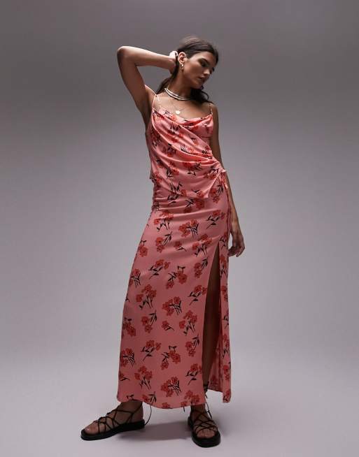 Topshop Maxi rok met kersenbloesemprint en split in roze deel