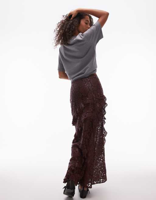 Topshop - Maxi rok van doorschijnend kant met ruches in bordeaux, 2 van 5